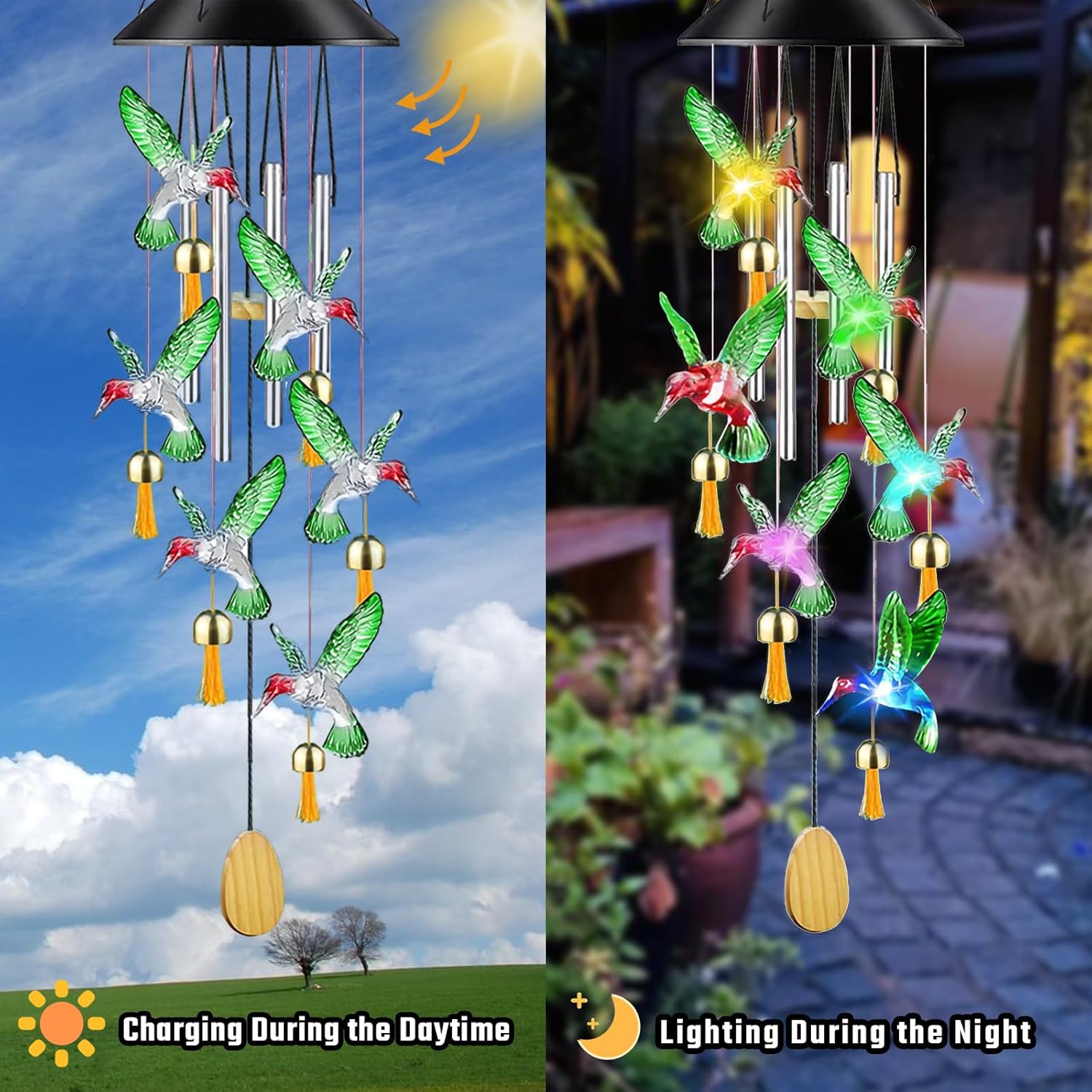 Solar Hummingbird Wind Chime with Color-Changing LED – 6 Bells & 4 Aluminum Rods – Waterproof Outdoor Hanging Light for Garden, Balcony, Patio & Yard – Gift for Home Decor