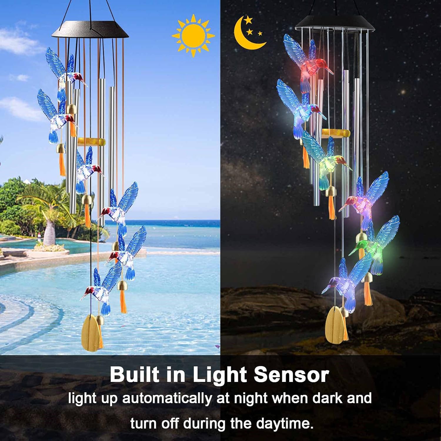 Solar Hummingbird Wind Chime with Color-Changing LED – 6 Bells & 4 Aluminum Rods – Waterproof Outdoor Hanging Light for Garden, Balcony, Patio & Yard – Gift for Home Decor