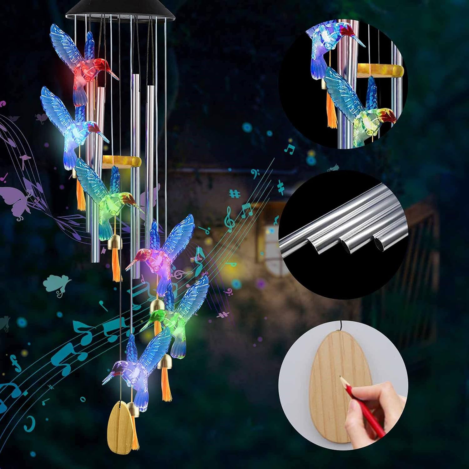 Solar Hummingbird Wind Chime with Color-Changing LED – 6 Bells & 4 Aluminum Rods – Waterproof Outdoor Hanging Light for Garden, Balcony, Patio & Yard – Gift for Home Decor