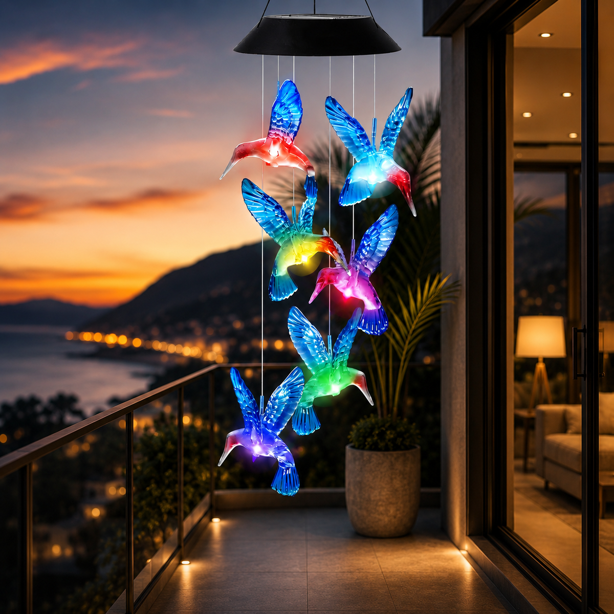 Hummingbird solar wind chime with color changing LED lights for garden