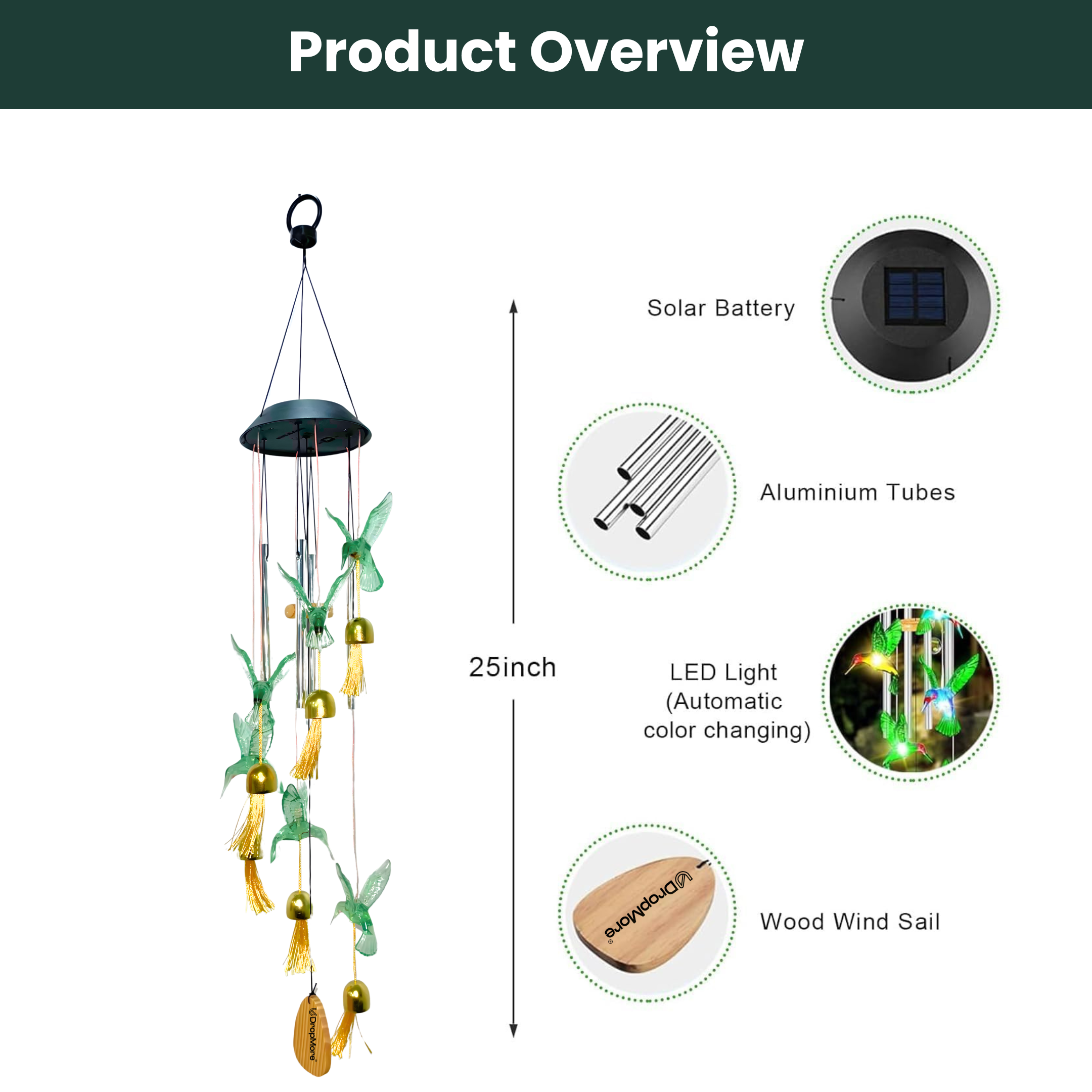 Solar Hummingbird Wind Chime with Color-Changing LED – 6 Bells & 4 Metal Rods – Waterproof Outdoor Hanging Light for Garden, Balcony, Patio & Yard – Gift for Home Decor (Blue & Green)