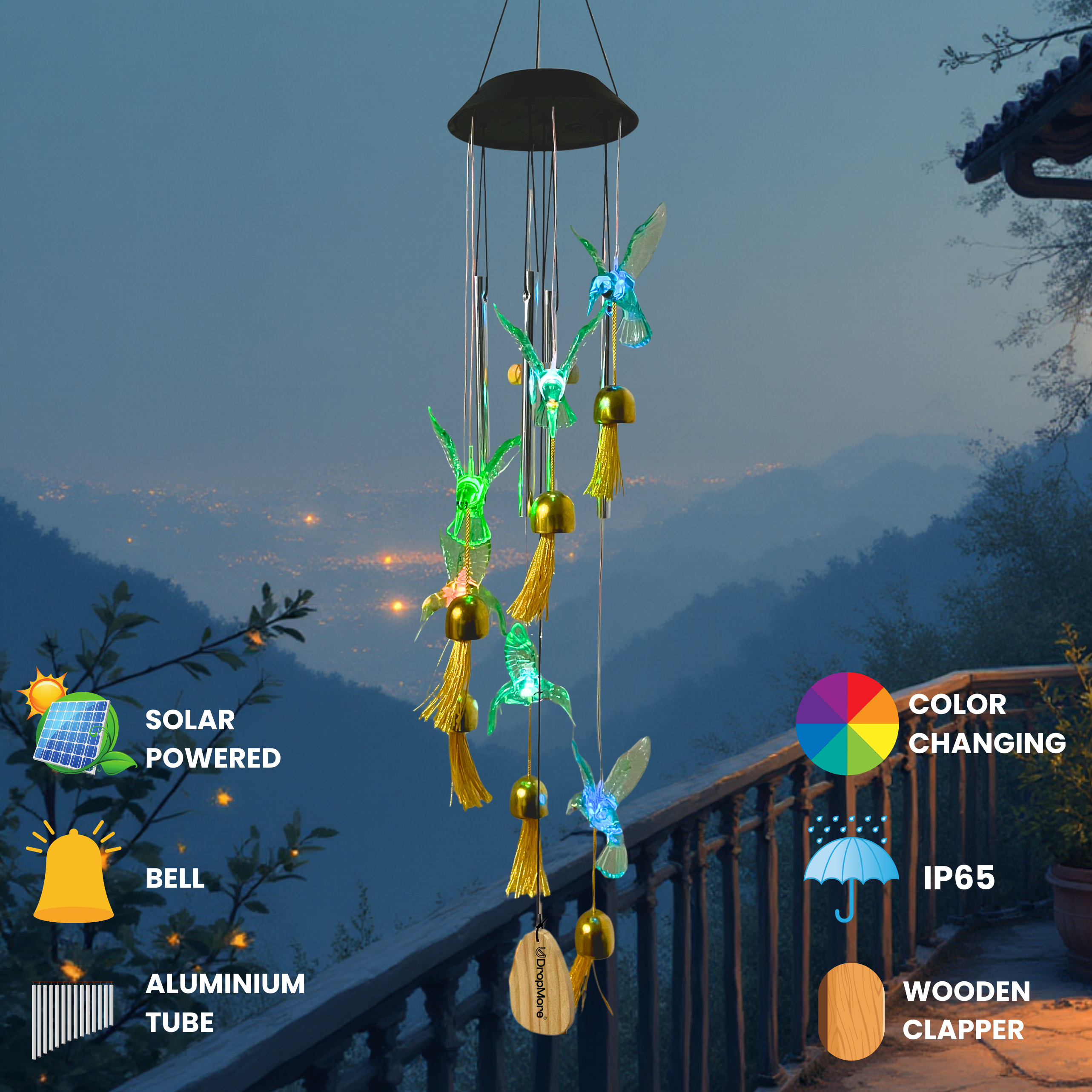 Solar Hummingbird Wind Chime with Color-Changing LED – 6 Bells & 4 Metal Rods – Waterproof Outdoor Hanging Light for Garden, Balcony, Patio & Yard – Gift for Home Decor (Blue & Green)