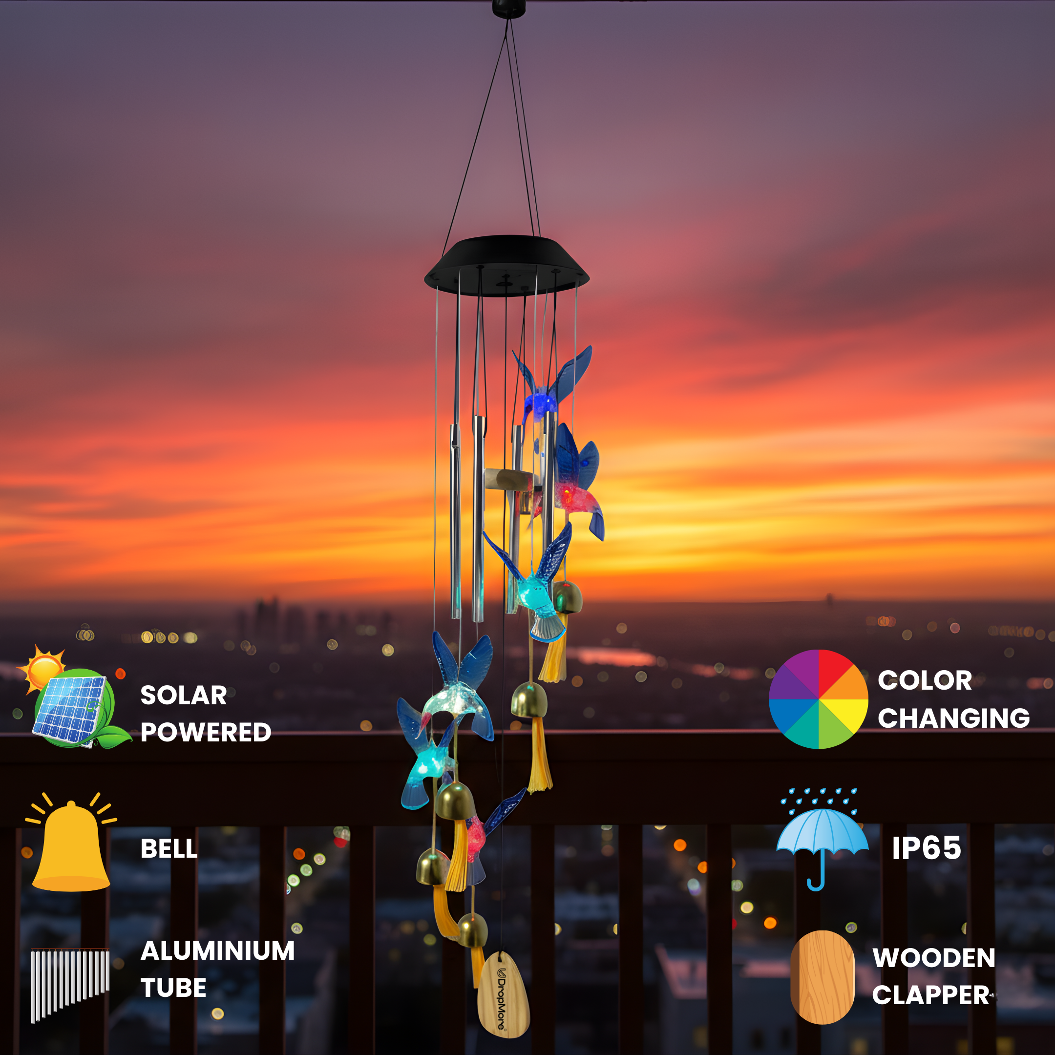 Solar Hummingbird Wind Chime with Color-Changing LED – 6 Bells & 4 Metal Rods – Waterproof Outdoor Hanging Light for Garden, Balcony, Patio & Yard – Gift for Home Decor (Blue & Green)