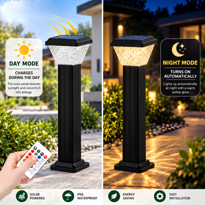 RGB Solar Bollard Light with Remote Control, Color Changing LED For Outdoor