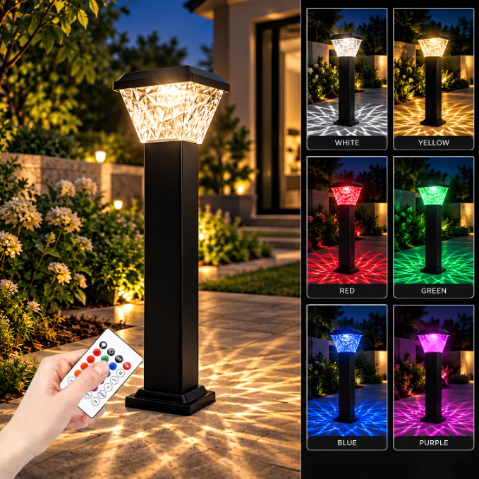RGB Solar Bollard Light with Remote Control, Color Changing LED For Outdoor