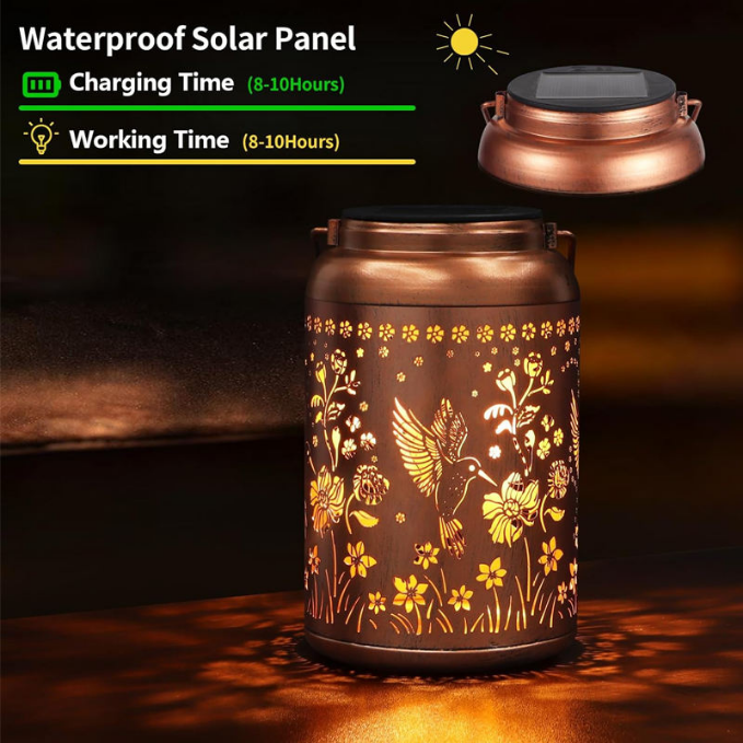 Solar Hanging Lantern Outdoor Waterproof, Metal Jar Light with Hummingbird Floral Cut Design