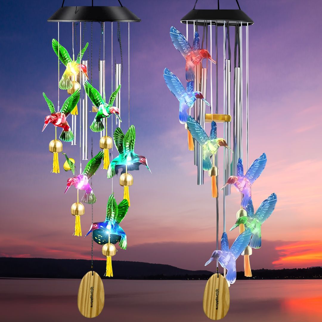 Solar Hummingbird Wind Chime with Color-Changing LED – 6 Bells & 4 Aluminum Rods – Waterproof Outdoor Hanging Light for Garden, Balcony, Patio & Yard – Gift for Home Decor