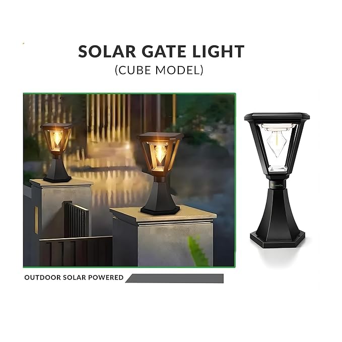 Diamond Cube Solar Powered Outdoor Gate Light | Decorative | LED Warm White | Waterproof Garden, Fence & Pillar Lamp