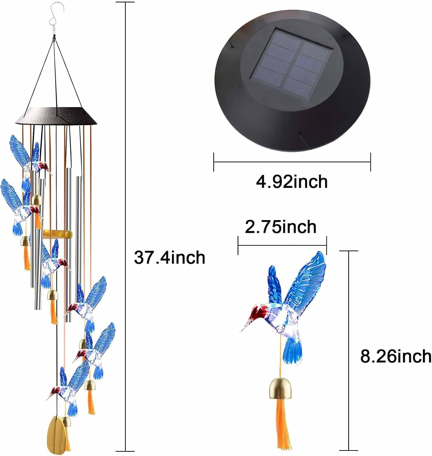 Solar Hummingbird Wind Chime with Color-Changing LED – 6 Bells & 4 Metal Rods – Waterproof Outdoor Hanging Light for Garden, Balcony, Patio & Yard – Gift for Home Decor (Blue & Green)