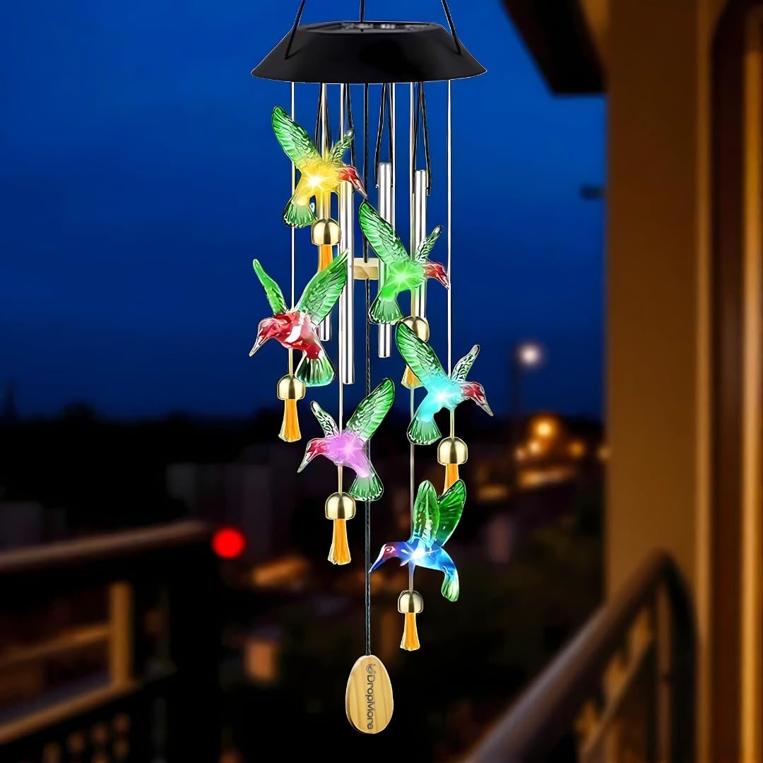 Solar Hummingbird Wind Chime with Color-Changing LED – 6 Bells & 4 Metal Rods – Waterproof Outdoor Hanging Light for Garden, Balcony, Patio & Yard – Gift for Home Decor (Blue & Green)
