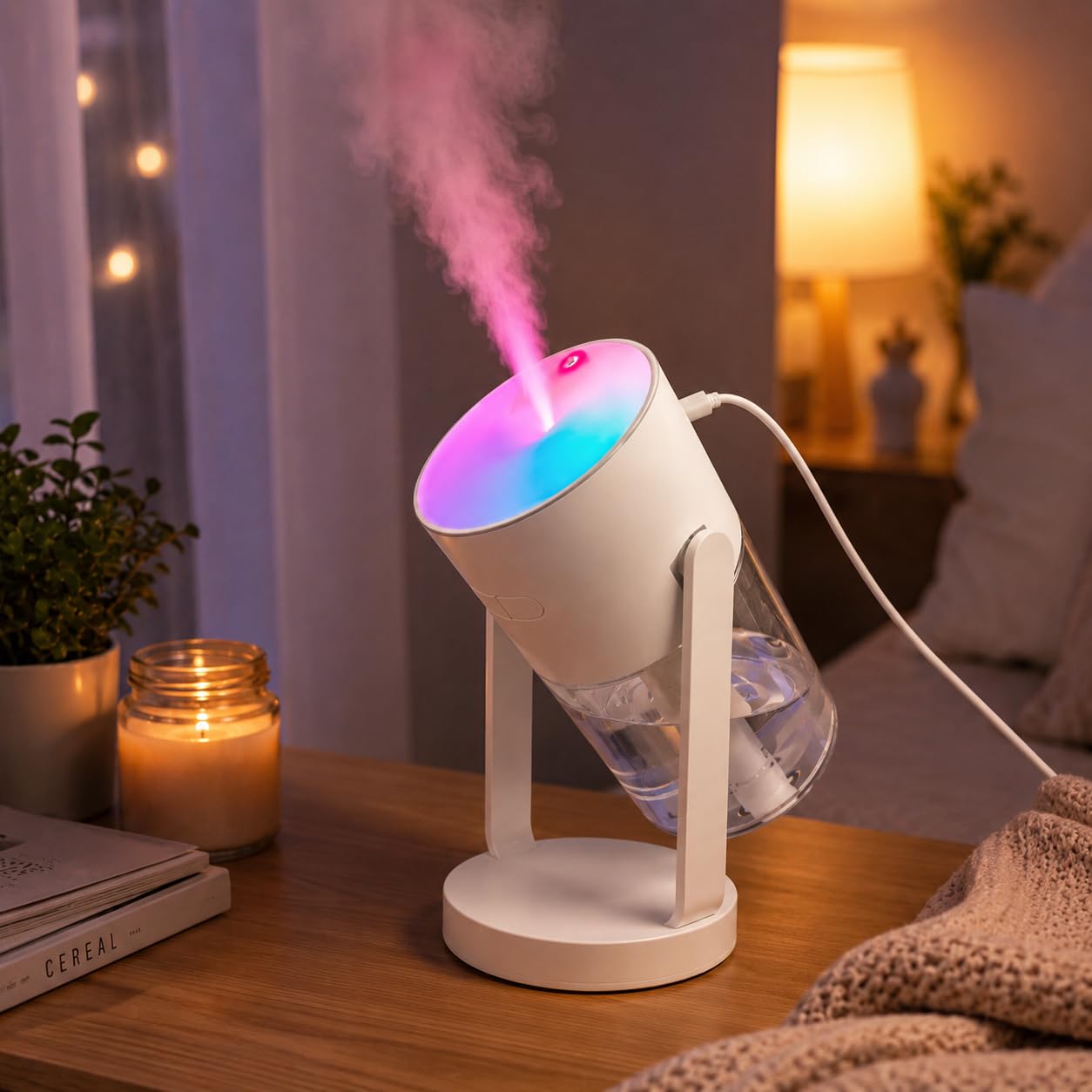 Portable Mini Humidifier with Laser Star Projector, 360° Adjustable Mist, 7-Color RGB Ambient Light.