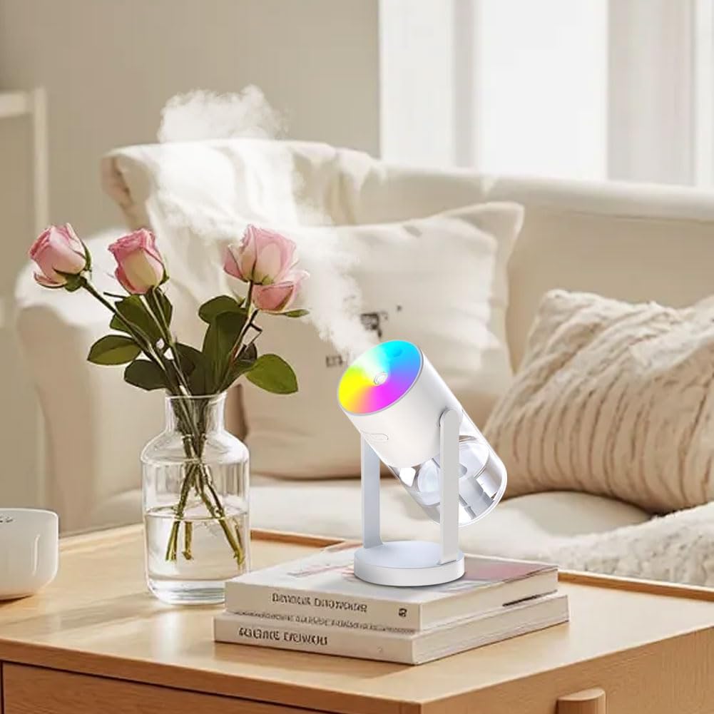 Portable Mini Humidifier with Laser Star Projector, 360° Adjustable Mist, 7-Color RGB Ambient Light.