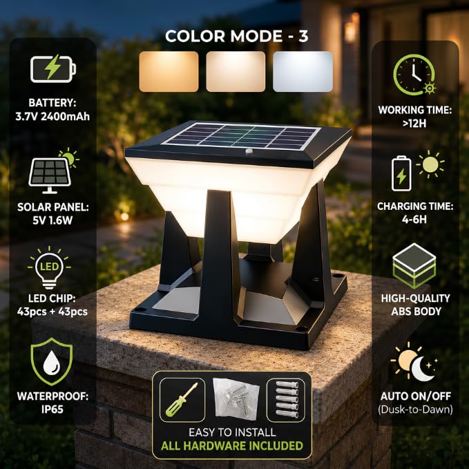Moonlight Solar Gate Light for Outdoor — 3 Colour Modes Pillar Light, IP65 Waterproof, Auto On/Off Dusk to Dawn, Wireless Solar Lamp for Gate Post, Boundary Wall, Garden, Balcony