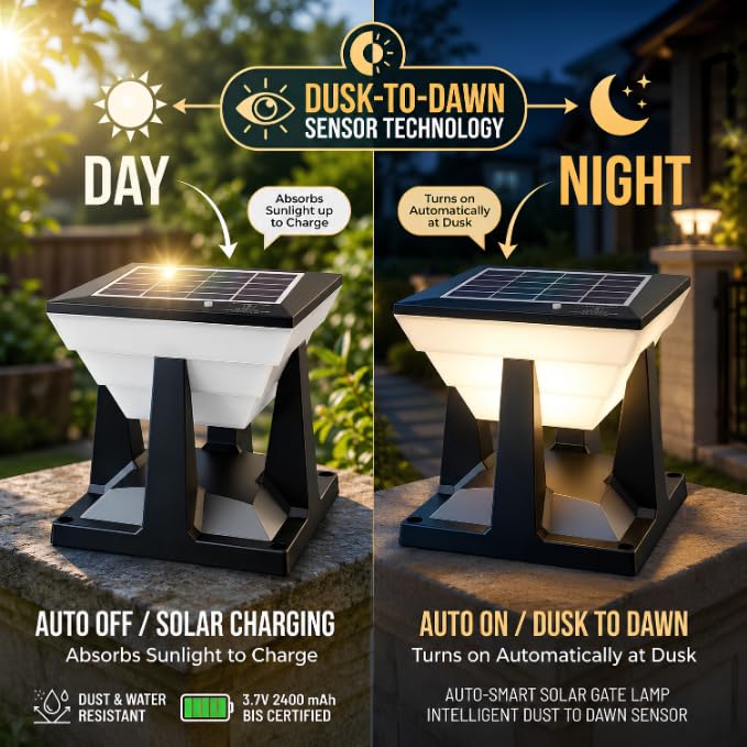 Moonlight Solar Gate Light for Outdoor — 3 Colour Modes Pillar Light, IP65 Waterproof, Auto On/Off Dusk to Dawn, Wireless Solar Lamp for Gate Post, Boundary Wall, Garden, Balcony