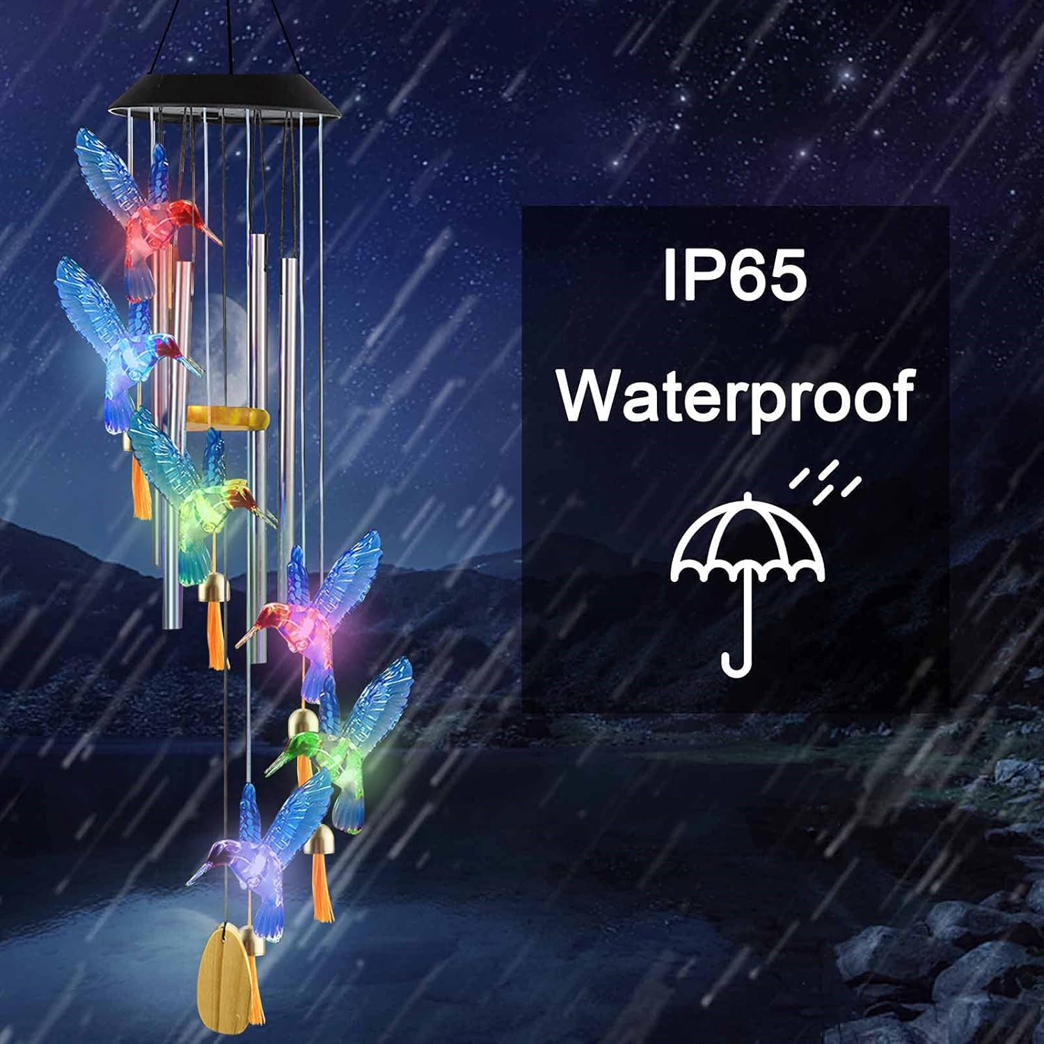 Premium Solar Hummingbird Wind Chime | 7 Color Changing LED Lights  | (Blue & Green)