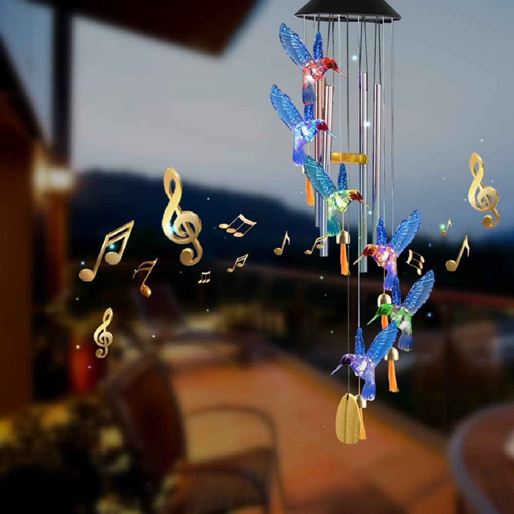 Premium Solar Hummingbird Wind Chime | 7 Color Changing LED Lights  | (Blue & Green)
