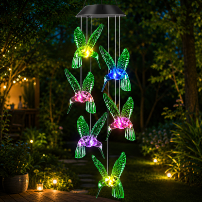 Solar wind chime with hummingbird design in blue and green