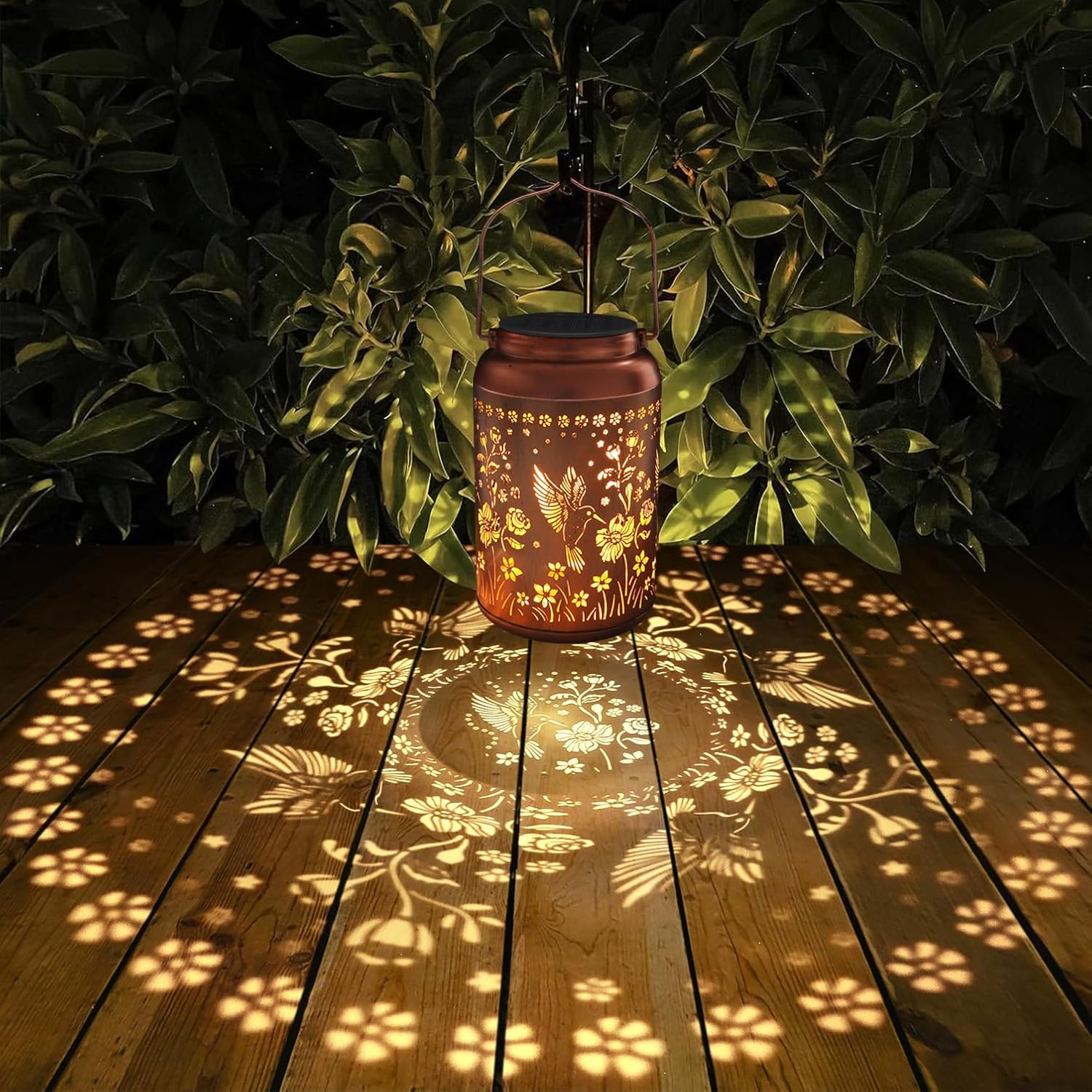 Solar Hanging Lantern Outdoor Waterproof, Metal Jar Light with Hummingbird Floral Cut Design