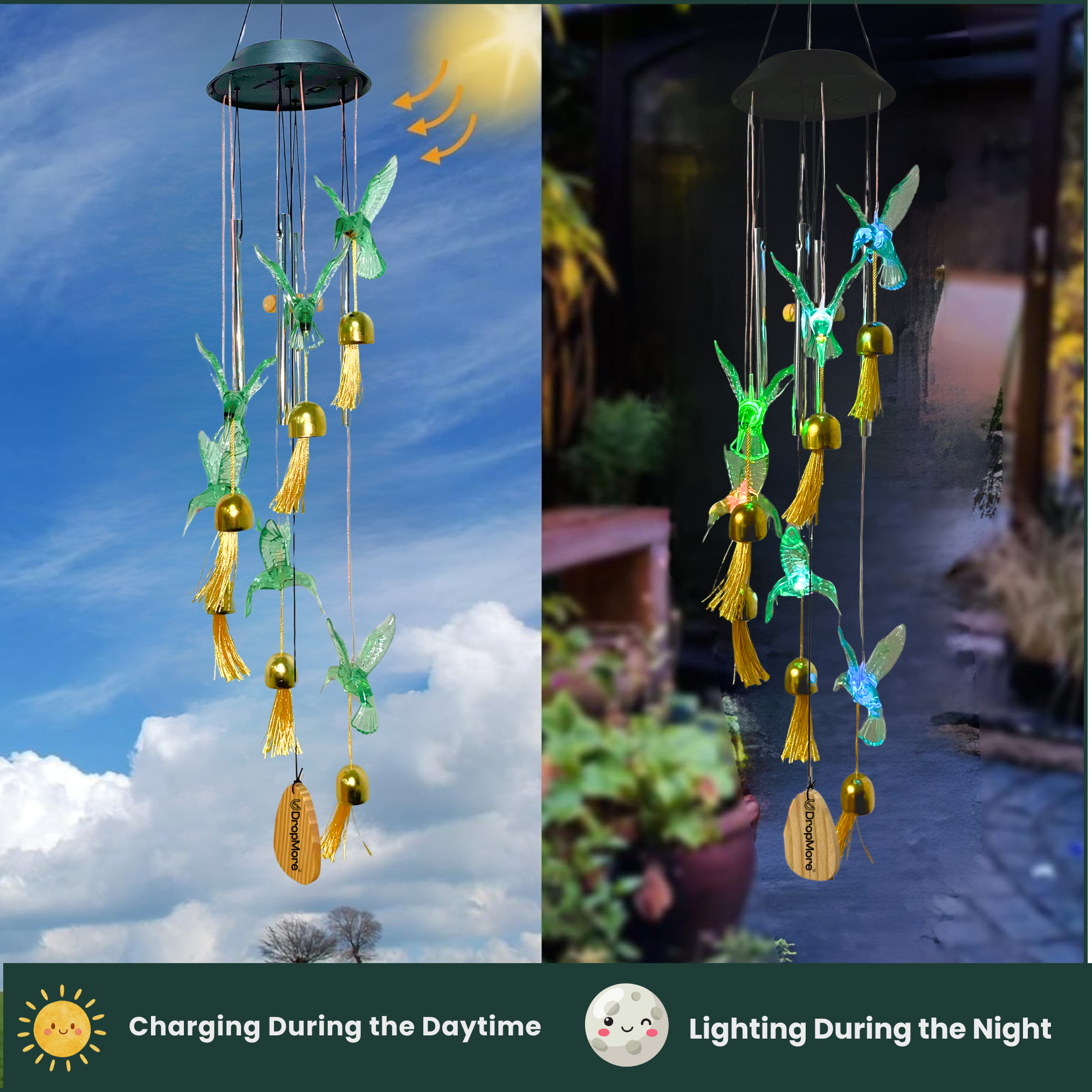 Solar Hummingbird Wind Chime with Color-Changing LED – 6 Bells & 4 Metal Rods – Waterproof Outdoor Hanging Light for Garden, Balcony, Patio & Yard – Gift for Home Decor (Blue & Green)