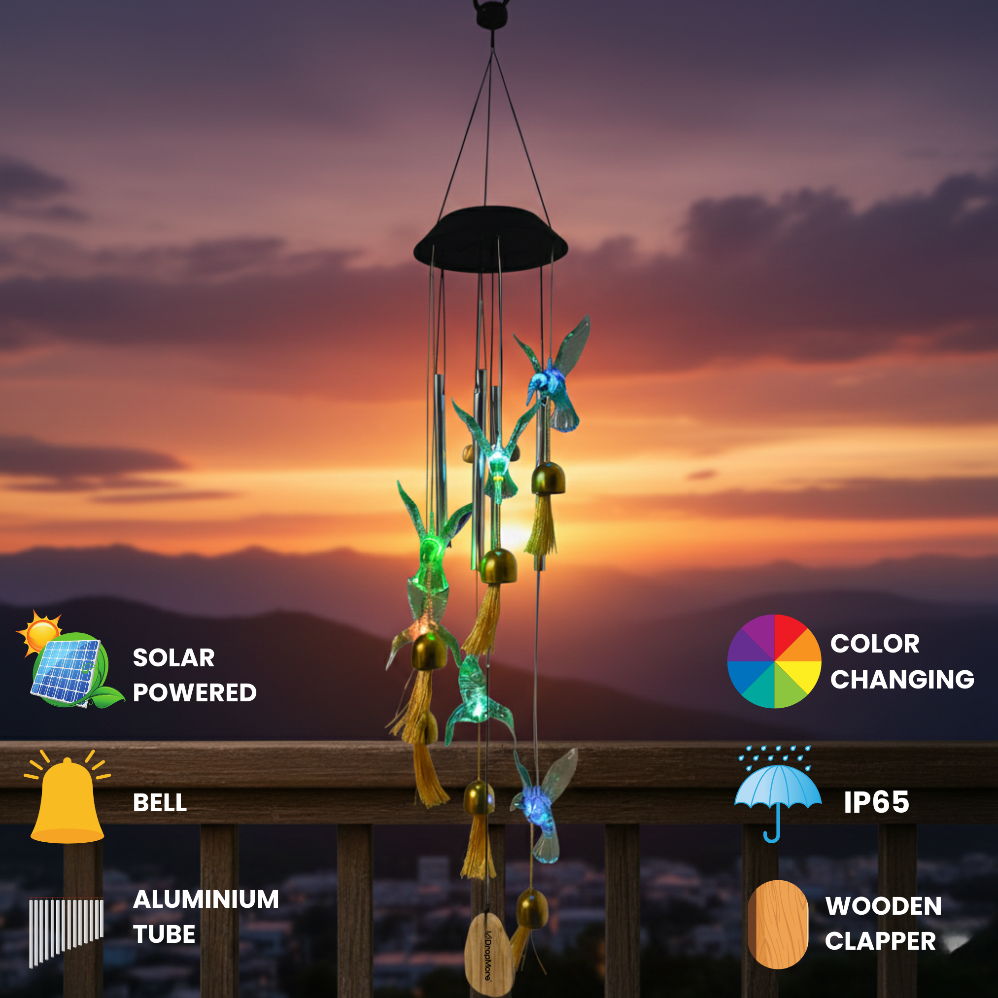 Solar Hummingbird Wind Chime with Color-Changing LED – 6 Bells & 4 Metal Rods – Waterproof Outdoor Hanging Light for Garden, Balcony, Patio & Yard – Gift for Home Decor (Blue & Green)