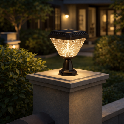 Solar RGB gate light glowing in color at night