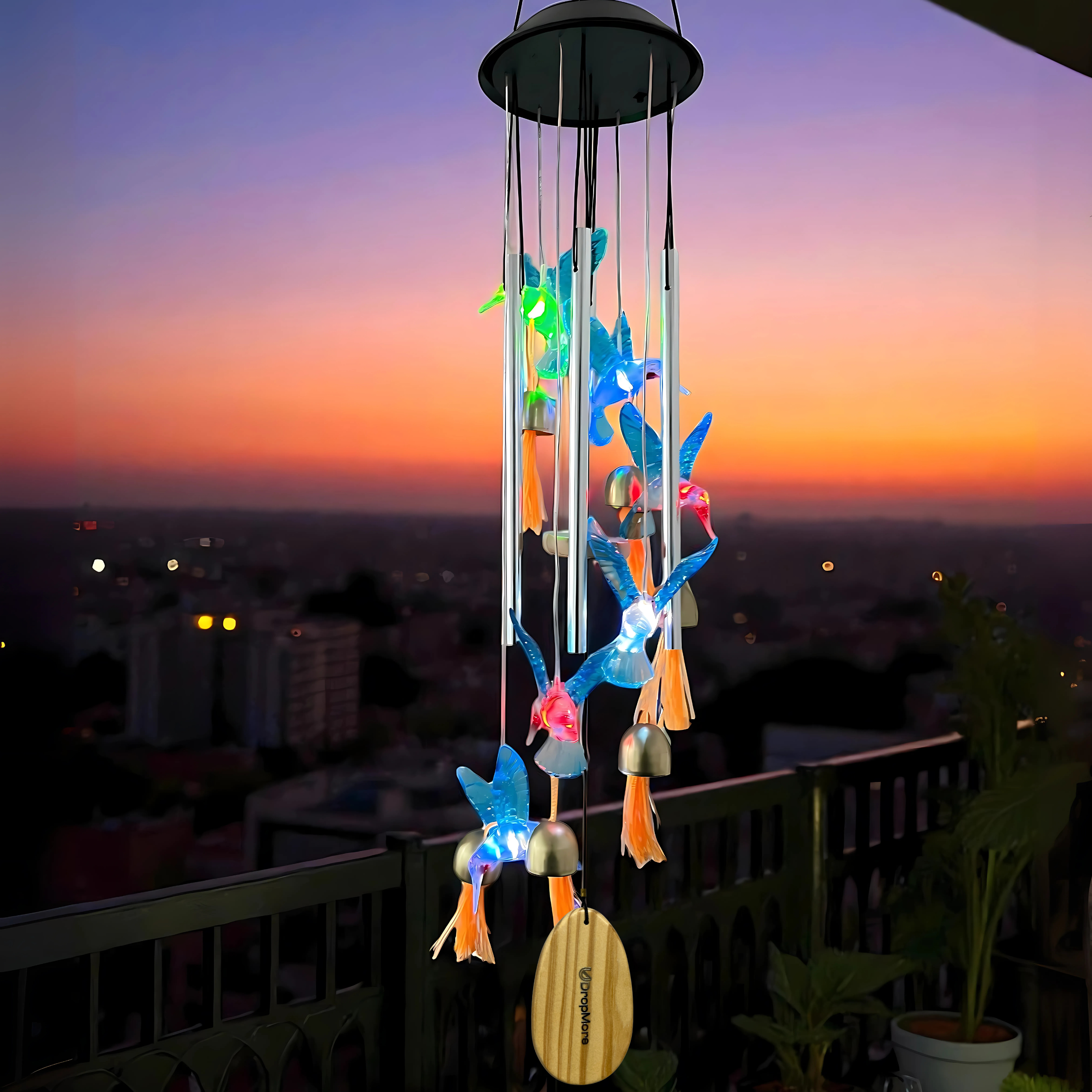 Solar Hummingbird Wind Chime with Color-Changing LED – 6 Bells & 4 Metal Rods – Waterproof Outdoor Hanging Light for Garden, Balcony, Patio & Yard – Gift for Home Decor (Blue & Green)