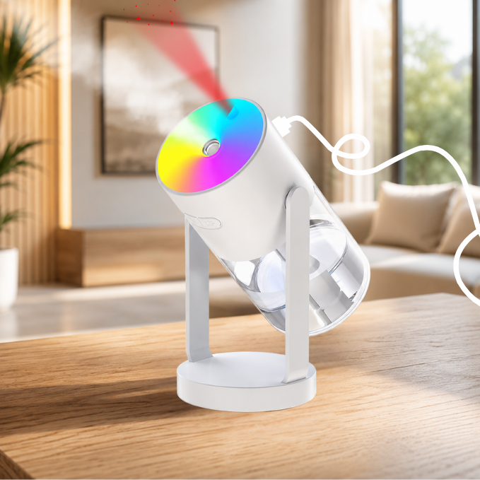 Portable Mini Humidifier with Laser Star Projector, 360° Adjustable Mist, 7-Color RGB Ambient Light.