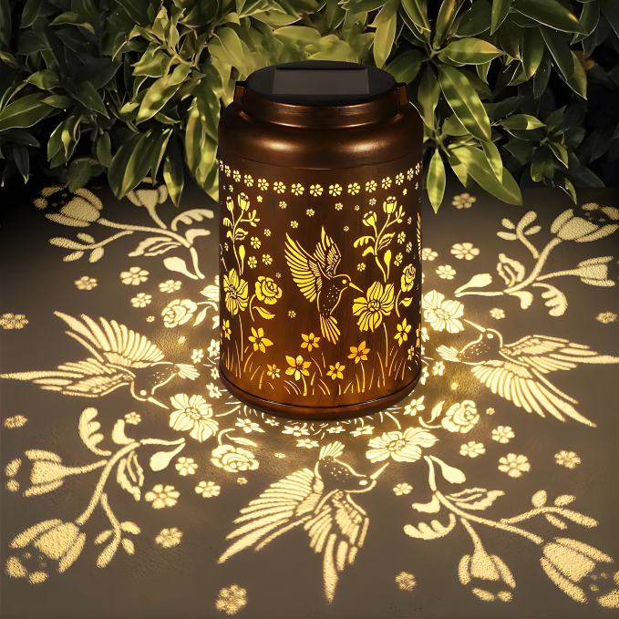 Solar Hanging Lantern Outdoor Waterproof, Metal Jar Light with Hummingbird Floral Cut Design