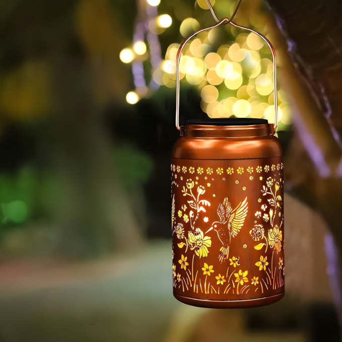 Solar Hanging Lantern Outdoor Waterproof, Metal Jar Light with Hummingbird Floral Cut Design