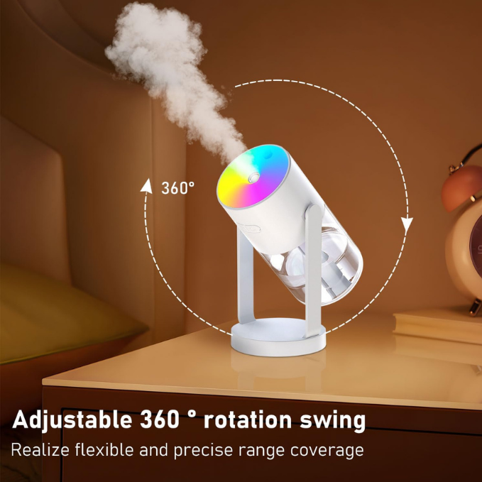 Portable Mini Humidifier with Laser Star Projector, 360° Adjustable Mist, 7-Color RGB Ambient Light.
