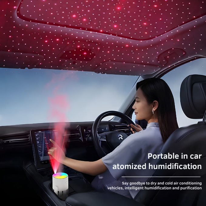 Portable Mini Humidifier with Laser Star Projector, 360° Adjustable Mist, 7-Color RGB Ambient Light.