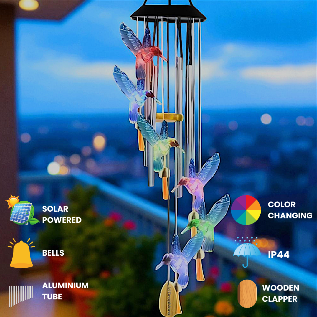 Solar Hummingbird Wind Chime with Color-Changing LED – 6 Bells & 4 Metal Rods – Waterproof Outdoor Hanging Light for Garden, Balcony, Patio & Yard – Gift for Home Decor (Blue & Green)