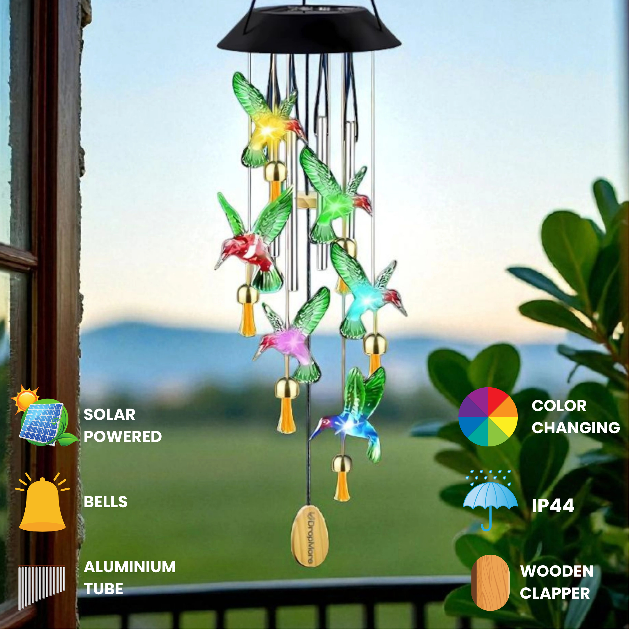 Solar Hummingbird Wind Chime with Color-Changing LED – 6 Bells & 4 Metal Rods – Waterproof Outdoor Hanging Light for Garden, Balcony, Patio & Yard – Gift for Home Decor (Blue & Green)