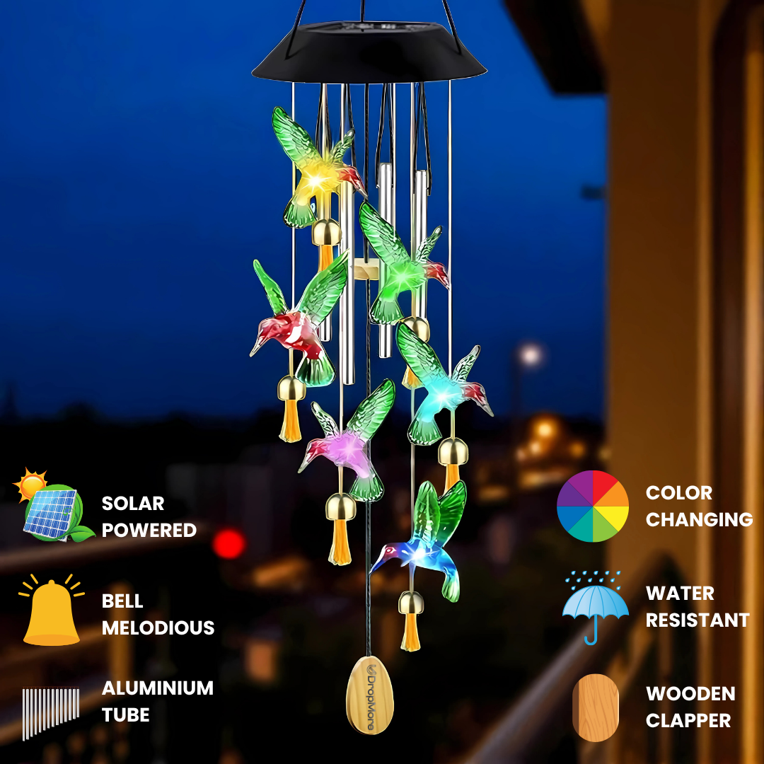 Premium Solar Hummingbird Wind Chime | 7 Color Changing LED Lights  | (Blue & Green)