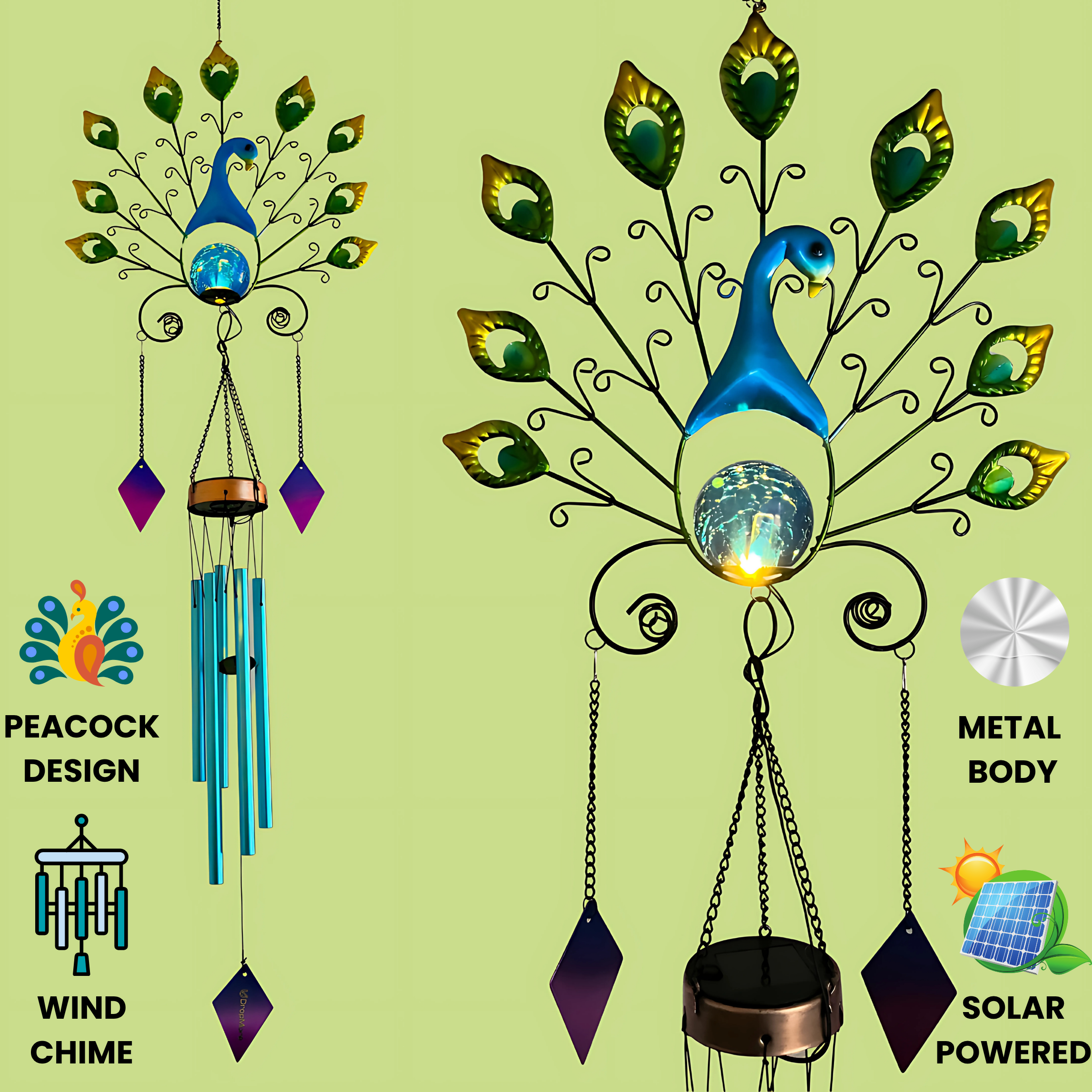 Peacock Wind Chime with Soothing Sound – Decorative Metal Art with Tuned Aluminum Pipes & Hanging Bells for Balcony, Garden Or Patio Decor.